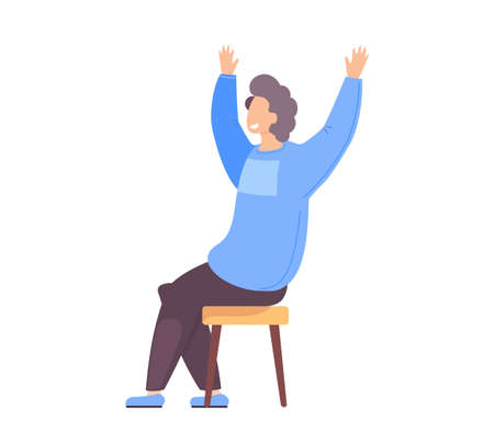 Man celebrates something. Happy guy excited by success. Male character with his arms raised up. Celebration, cartoon sitting surprised man winner makes joyful gesture with his hands side viewのイラスト素材