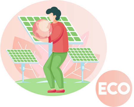 Alternative sources of energy. Production of green electricity without harm to environment. Creation of eco friendly energy. Man standing with globe in his hands near solar panels vector illustrationのイラスト素材