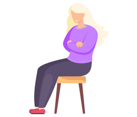 Woman sitting on chair side view. Blonde female character dressed in casual clothes sitting on stool with her arms crossed isolated on white background cartoon young girl upset says somethingのイラスト素材
