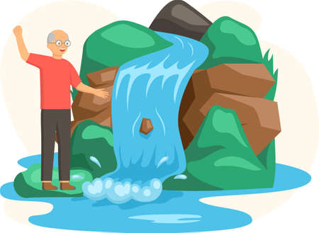 Elderly man stands next to rock and waterfall. Clean nature concept, tropical river and beautiful waterfall in mountains landscape with plants, rocks on white. Wild nature lake and bush foliageのイラスト素材