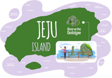 Welcome to Jeju island in South Korea, traditional showplaces map for tourists, natural attraction volcanic mountain. Landscape of place in Korea with nature and architecture. Oedolgae famous landmarkのイラスト素材