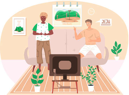 Happy friends playing computer game at home on weekend on theme of Jeju Island in South Korea with showplaces and landmarks. People are watching TV show about travel sitting in apartment togetherのイラスト素材
