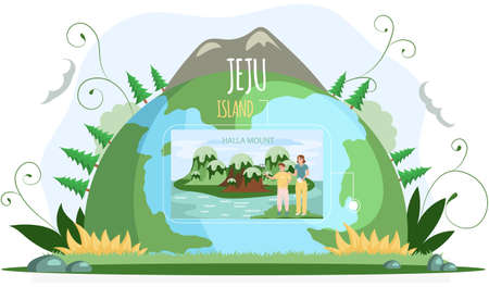 Jeju island in South Korea. Layout of place for tourists. Couple of travelers stand near planet Earth and looks at Halla mount. Beautiful pure nature with mountains and waterfalls in Korean islandのイラスト素材