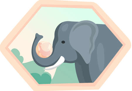 Eco friendly, nature conservation, environmental protection. Elephant with planet in trunk on framed illustration. Representative of biodiversity, wild animal of planet Earth. Save ecosystem conceptのイラスト素材