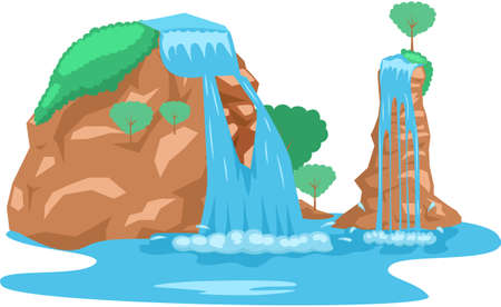 Falling water. River waterfall falls from cliff white background. Water fall streams. Tourist attraction with beautiful small waterfall and clear water. Cartoon landscapes with mountains and treeのイラスト素材