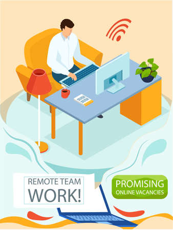 Remote team work, online meeting workspace. Video call chat conference, freelancer works from home. Man communicating at distance with computer. Promising online vacancies business banner designのイラスト素材