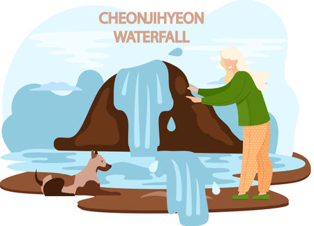Cheonjiyeon Waterfall famous landmark of Jeju Island in south Korea. Popular place for visiting tourists, jeju green tropical island with water travel. Korean land with traditional attractionsのイラスト素材
