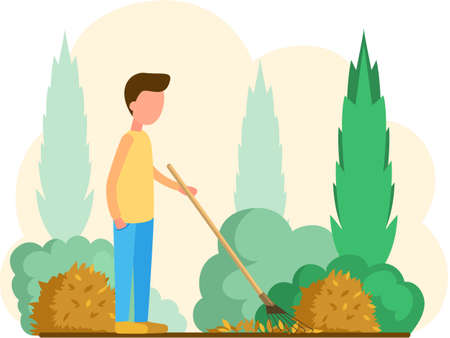 Young man doing seasonal garden work, remove leaves with rake, works on yard with trees. Agricultural worker in autumn tidies up garden, removes fallen yellow leaves stands near trees and bushesのイラスト素材