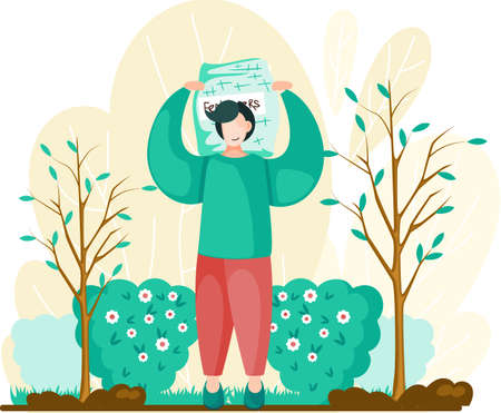 Male agricultural worker gardener character in growing plants cartoon style vector illustration. Young man standing in garden with green trees and bushes, farming and plant care. Farmer works in yardのイラスト素材