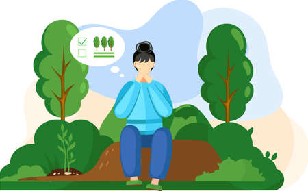 Female agricultural worker gardener character in growing plants cartoon style vector illustration. Young woman sitting on pile of soil in garden with green trees and bushes, farming and plant careのイラスト素材