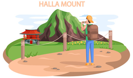 Hallasan mountain famous landmark of Jeju Island in south Korea. Extinct volcano in national park. Mountain is located in center of island and man tourist traveler takes picture on natural showplaceのイラスト素材