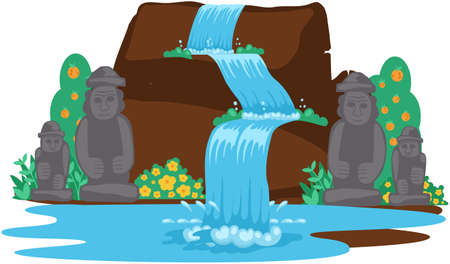 Rock, stone sculptures, tropical river and waterfall in beautiful mountains landscape with plants, rocks and sky. Green wood with wild nature, lake and bush foliage, water falling down from mountainのイラスト素材