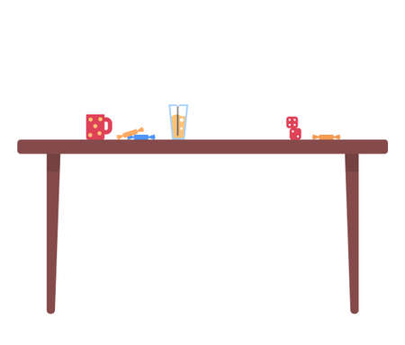 Wooden table with colored sweets, red cup with coffee, glass of juice with straw, and dice. Brown table with beverages on white background. Desk for family game. Vector illustration of furnitureのイラスト素材