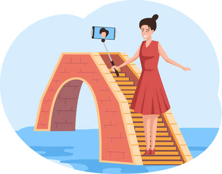 Female traveler stands on small stone bridge over river taking selfie on blue sky background, famous landmark, attractive beautyfull city, old medieval town place, tourist historical excursionのイラスト素材