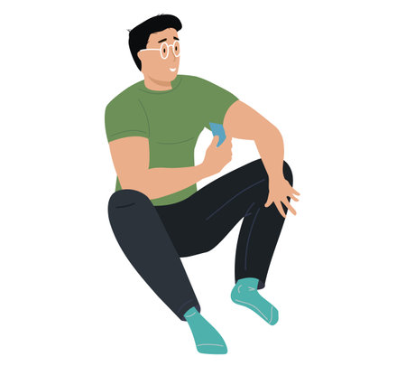 Smiling man with glasses sits on floor. Guy sitting on floor holds card in his hands. Male character holding blue piece of paper and looking at something. Person on chair isolated on white backgroundのイラスト素材