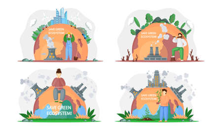 Climate and weather change of planet. Eco friendly, biodiversity, conservation and environmental protection concept. Flora and fauna on Earth. Green ecosystem of Earth. Care of nature and ecologyのイラスト素材