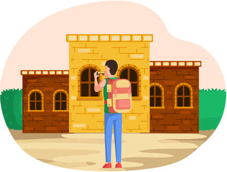 Man traveler standing with backpack making photo next to stone building in old city on tour. Old-time house famous landmark, attractive beautyfull city, ancient medieval town place, tourist excursionのイラスト素材