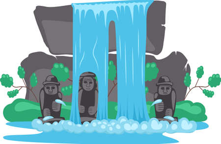 Rock, stone sculptures, tropical river and waterfall in beautiful mountains landscape with plants, rocks and sky. Green wood with wild nature, lake and bush foliage, water falling down from mountainのイラスト素材