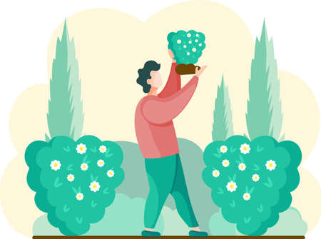 Guy gardening plants on backyard, flowers on beautiful bush, enjoying flowering in spring garden. Gardener standing wth bouquet in hands. Organic horticulture. worker is engaged in gardeningのイラスト素材