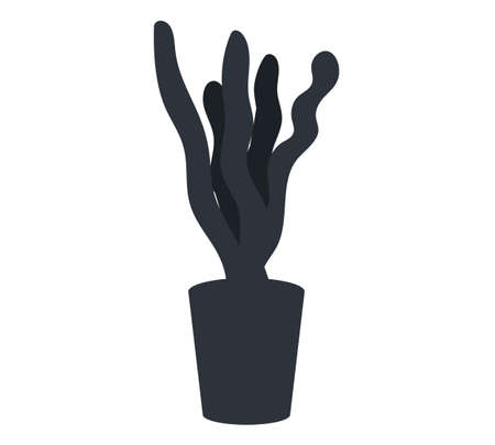 Pot with houseplant isolated at white background. Vector flowerpot of decorative black plant with long leaves in ceramic pot. Indoor plant concept of domestic greenery. Icon for home interior plantのイラスト素材