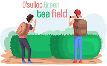 Traveling to Asia by landmark osulloc tea museum in Jeju island. Topiary green figure in cartoon style attraction of beautiful island in south korea. Male tourists take photo in vacation in Asiaのイラスト素材