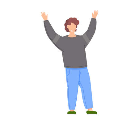 Man celebrates something. Happy guy excited by success. Male character with his arms raised up. Celebration. Vector cartoon illustration surprised man winner makes joyful gesture with his handsのイラスト素材