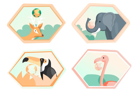 Set of illustrations about eco system of Earth. Eco friendly, nature conservation, environmental protection. Different animals on abstract background. Representatives of biodiversity of planet Earthのイラスト素材