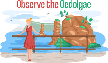 Observe the Oedolgae famous landmark attraction of Jeju Island in south Korea, natural landscape formed after volcanic eruption. Woman tourist on background of rock in sea, vacation in Asiaのイラスト素材