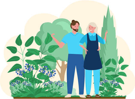People gardener and farmer work in garden. Couple gardening, woman and man farmers agricultural workers growing plants and flowers on lawn or backyard. Agriculture, organic garden, gardening hobbyのイラスト素材