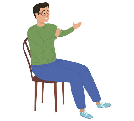 Smiling man with glasses sits on chair. Guy sitting on chair holds card in his hands. Male character holding white piece of paper and looking at something. Person on chair isolated on white backgroundのイラスト素材