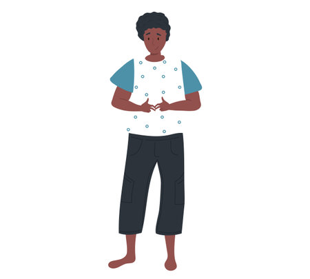 Afro american girl stands and hesitates. Shy female character standing isolated on white background. Woman smiles shyly and crosses her fingers. Lady looks at something embarrassed vector illustrationのイラスト素材