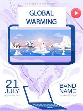 Online scientific conference about global warming. Advertisement for conference about animals during climate change. Sad polar animals on melting ice floe on tablet screen vector illustrationのイラスト素材