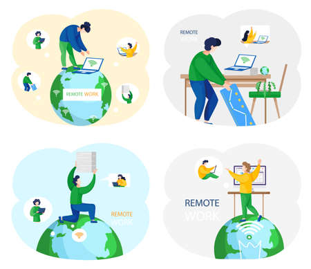 Remote work, online meeting workspace. Video call chat conference scenes set. Men speaking over web camera, communicating at distance with laptops. People on computer screen talking with colleagueのイラスト素材