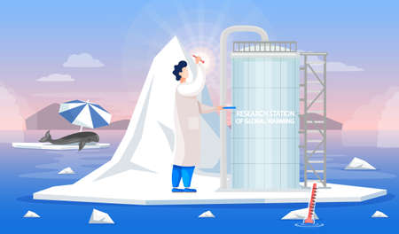 Scientist studying main causes of climate change and working in research stations of global warming. Man in scientific coat works with global warming in Antarctica. Whale on ice floe suffers from heatのイラスト素材