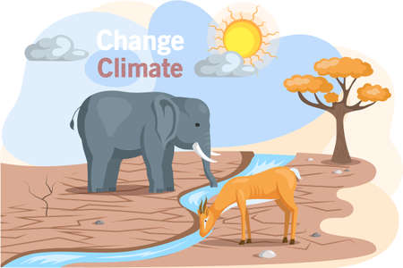 Problem of disappearing water sources, drought, ecological disaster on planet animals are thirsty. Climate and weather change of planet. Biodiversity, conservation and environmental protection conceptのイラスト素材