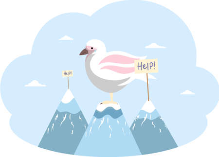 Polar bird is sad about climate change and global warming. Animals during global warming concept. Polar gull need help sits on top of mountaine. Bird on snow is crying because of melting glaciersのイラスト素材