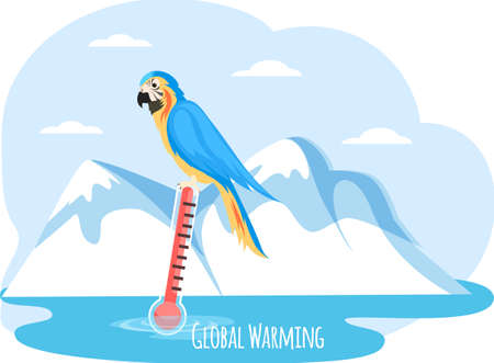 Melting glaciers due to global warming. Rising air and water temperatures displayed on thermometer....