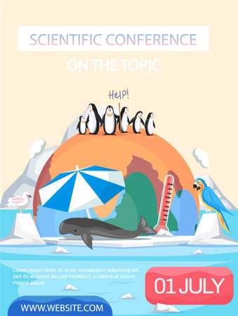 Scientific conference on global warming and ecology. Advertisement for conference about animals during climate change. Sad polar animals during increase in planet temperature, melting of glaciersのイラスト素材