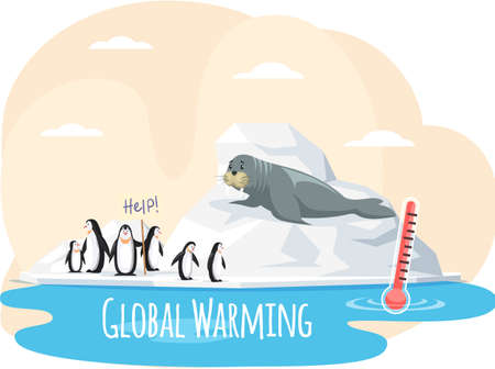 Walrus on glacier is saved from climate change and global warming. Animals during global warming concept. Penguins on ice floe hold sign help. Increase in water temperature affects animal kingdomのイラスト素材