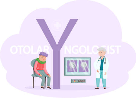 Otolaryngologist doctor with nose, ear and throat or ENT diagnostic and treatment instruments. Otology doctor with patient. Otorhinolaryngology healthcare medicine or otolaryngology diseasesのイラスト素材