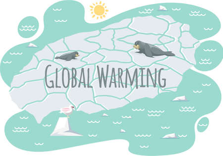 Placards and posters design of global warming and climate change. Inscription global warming. Walruses lying on ice floe near letters of inscription. Climate change and melting glaciers conceptのイラスト素材