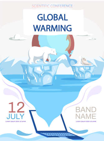 Scientific conference on global warming and ecology. Advertisement for conference about animals during climate change. Polar bear and seal stand on glaciers melting due to temperature rise of planetのイラスト素材