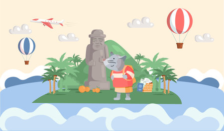 Trip in beautiful green park travel concept and adventure tourism. Cartoon traveler standing near stone figure, plants and mountains with hot air balloons. Journey, vacation to green island in oceanのイラスト素材