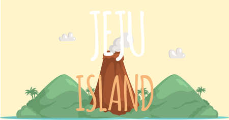 Adventure to Jeju island summer holiday. Inscription with invitation to green island with dormant volcano. Tourist travel, banner describing place for travelers. Nature and famous landmarks of Jejuのイラスト素材
