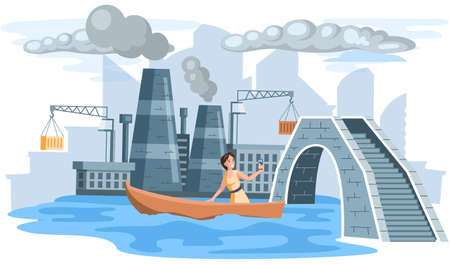 Save planet, climate change concept with woman takes selfie sailing in boat near smoking chimneys. Harmful effects of human activity on planet. Air pollution, deforestation, industrial emissionsのイラスト素材