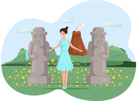 Woman stands near large statues, stone idols in nature landscape in mountaines. Traveler enjoy famous landmark in beautiful island in summer vacation. Tourist attraction of wonderful place of visitのイラスト素材