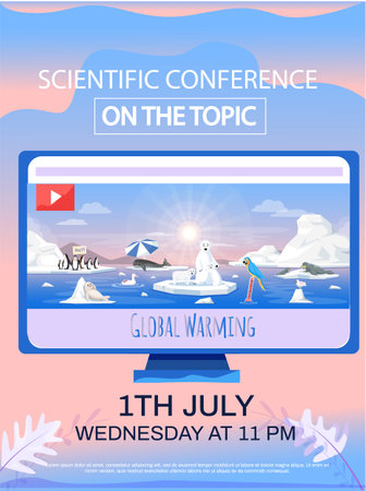 Online scientific conference about global warming. Advertisement for conference about animals during climate change. Polar animals on melting ice due to temperature rise of planet on computer monitorのイラスト素材