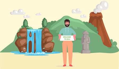Welcome to Jeju, amusing trip to South Korean province located on island in Korea Strait famous for its seaside resorts, volcanic craters and cavernous lava tubes. Journey, vacation to Asian countryのイラスト素材