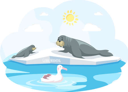 Walruses lie on ice floe and are saved from climate change and global warming. Animals during global warming concept. Polar gull swims in ocean among ice floes. Melting ice affects animal kingdomのイラスト素材