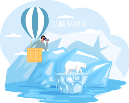 Man with binoculars flying on hot air balloon and looking at polar bear. Climate change on planet, global warming, greenhouse effect. Male character looks at animal during melting of glaciersのイラスト素材